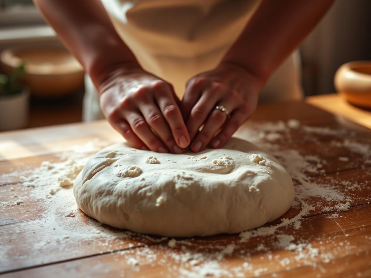 Hands kneading dough on a wooden counter